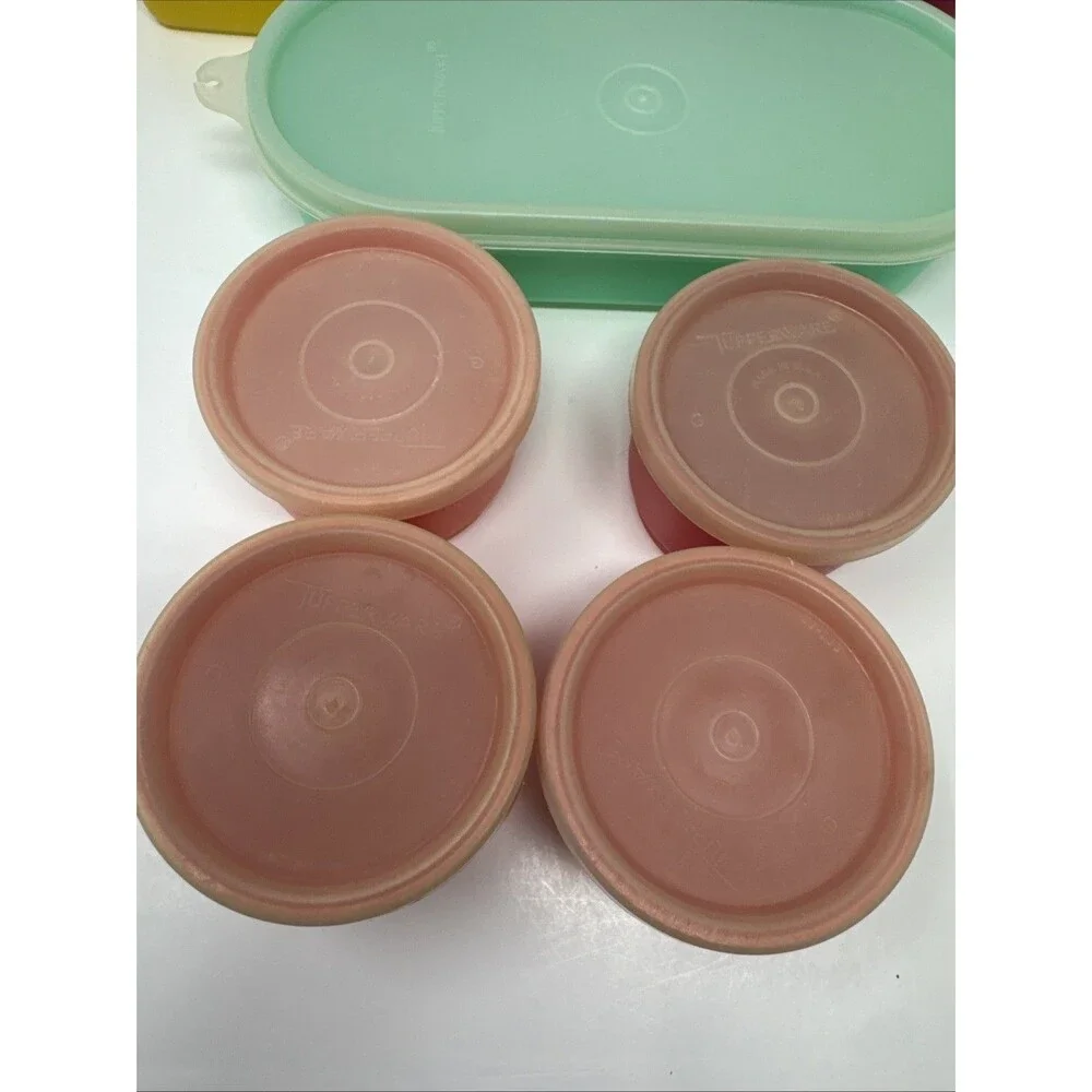 7x Vintage Tupperware Snack Set - 2 square away keeper 4 cups orange red yellow